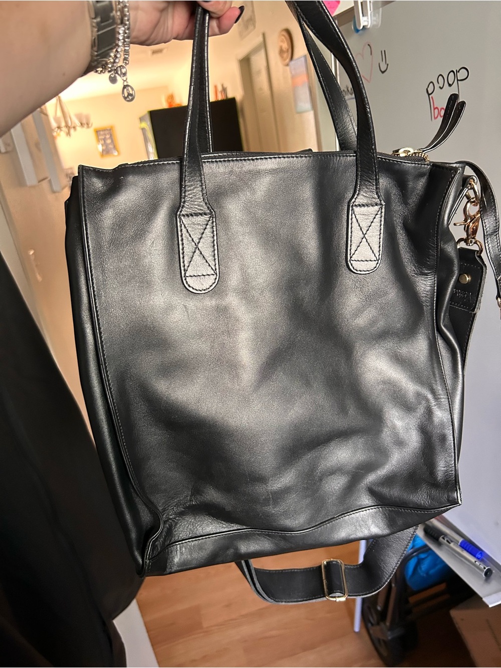Black Leather Men's Tote Bag with Removable Shoulder Strap